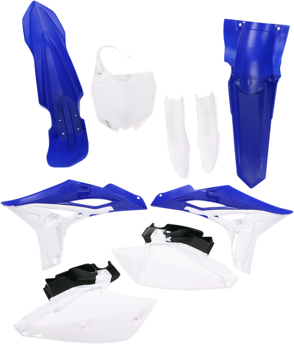 Acerbis blue full replacement body kit for motorcycles, featuring sleek panels and aerodynamic design, installed on a bike.
