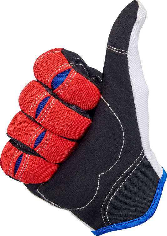 BILTWELL Moto Gloves in red, white, and blue, 2XL, featuring protective padding and adjustable wrist straps for motorcycle riding.