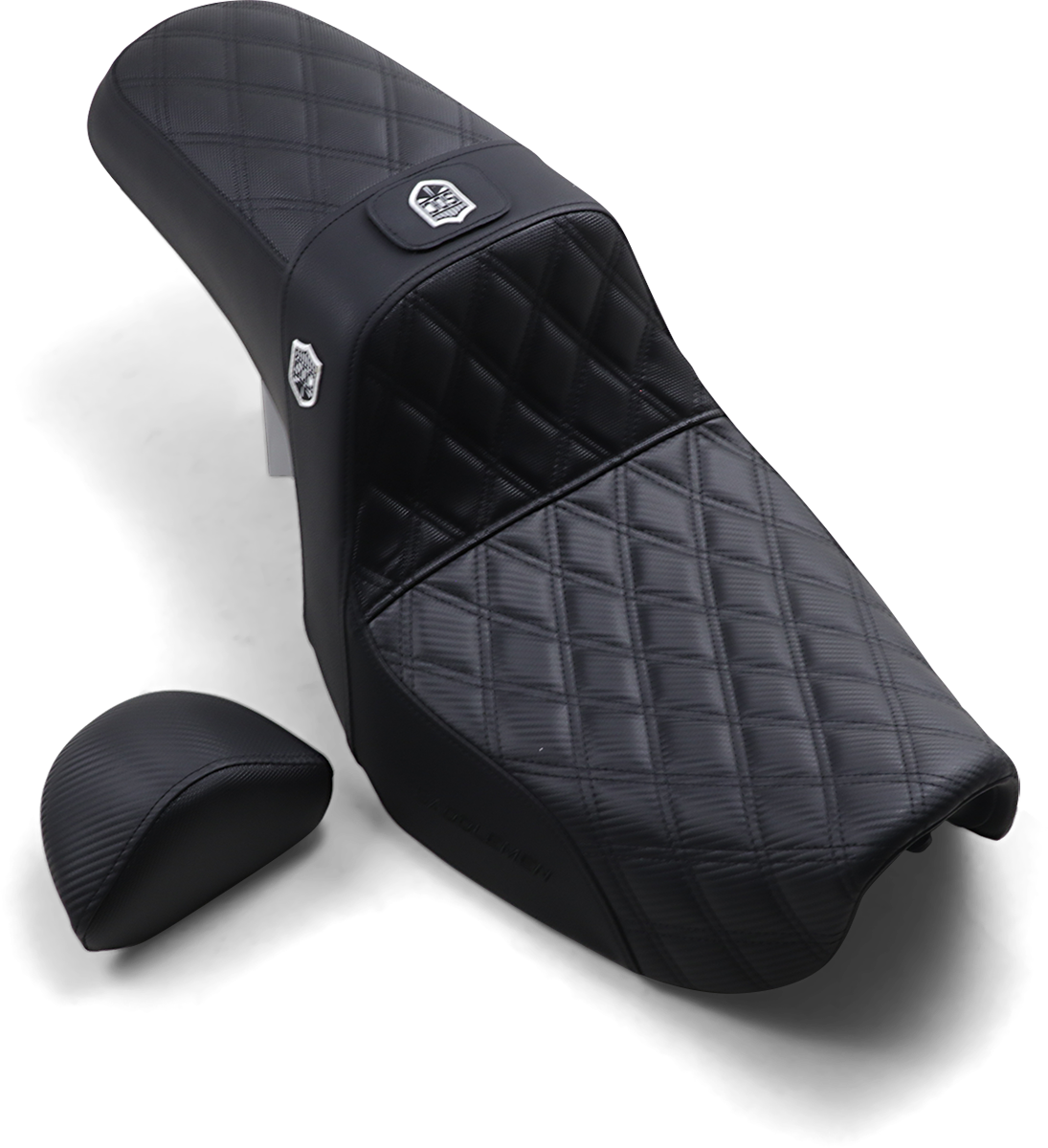 SADDLEMEN Pro Series SDC Performance motorcycle seat with backrest, black full lattice stitch and lumbar gripper, by Bill's Exhausts