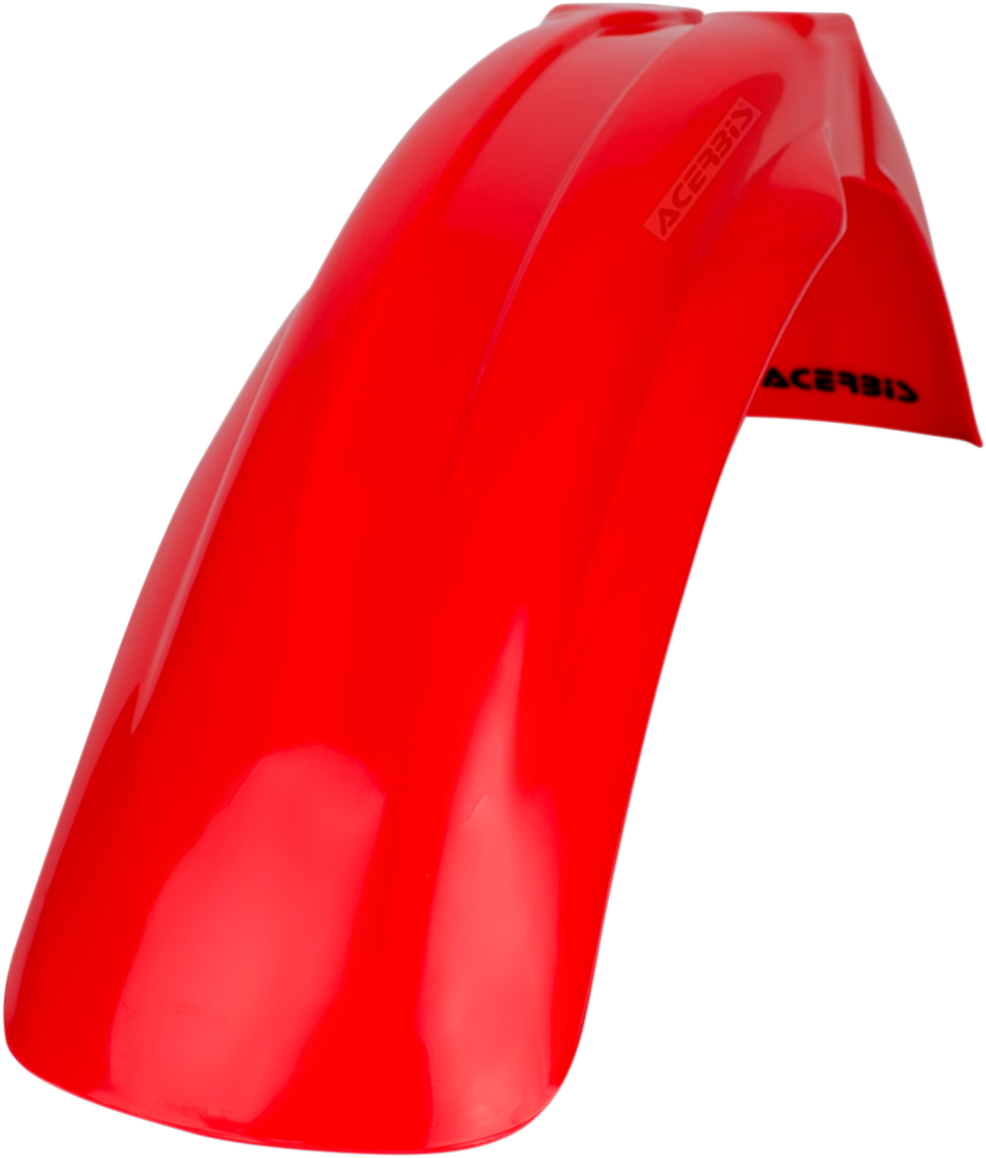 Red Acerbis front fender for motorcycle, body part with mounting points, designed for durability and style.
