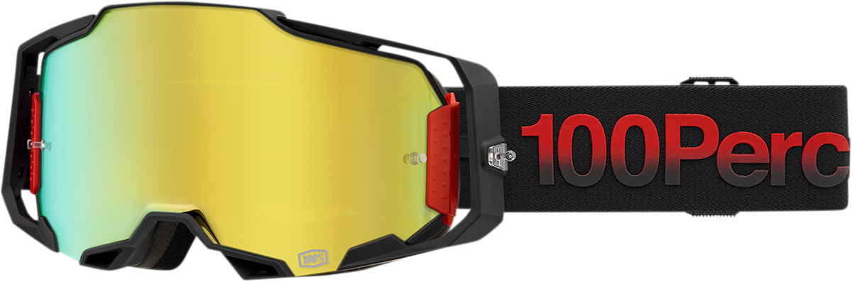 Bill's Exhausts 100% Armega Tzar Goggles with gold mirror lenses, featuring a sleek design and adjustable strap.