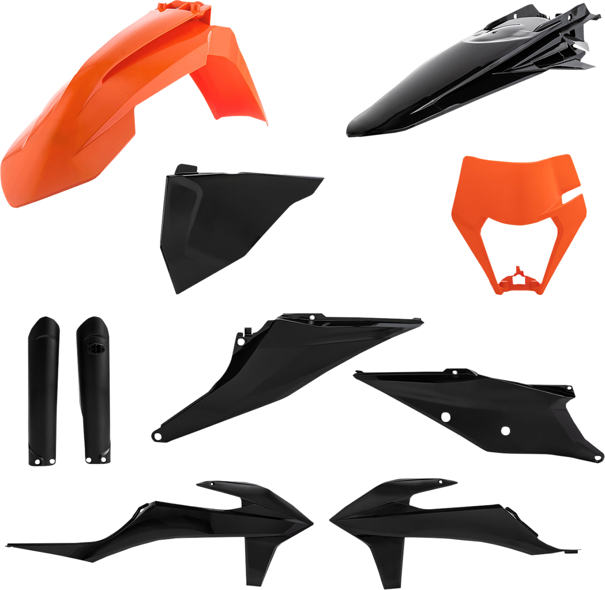 Aero orange and black Acerbis full replacement body kit for motorcycle, featuring sleek design and durable plastic construction.