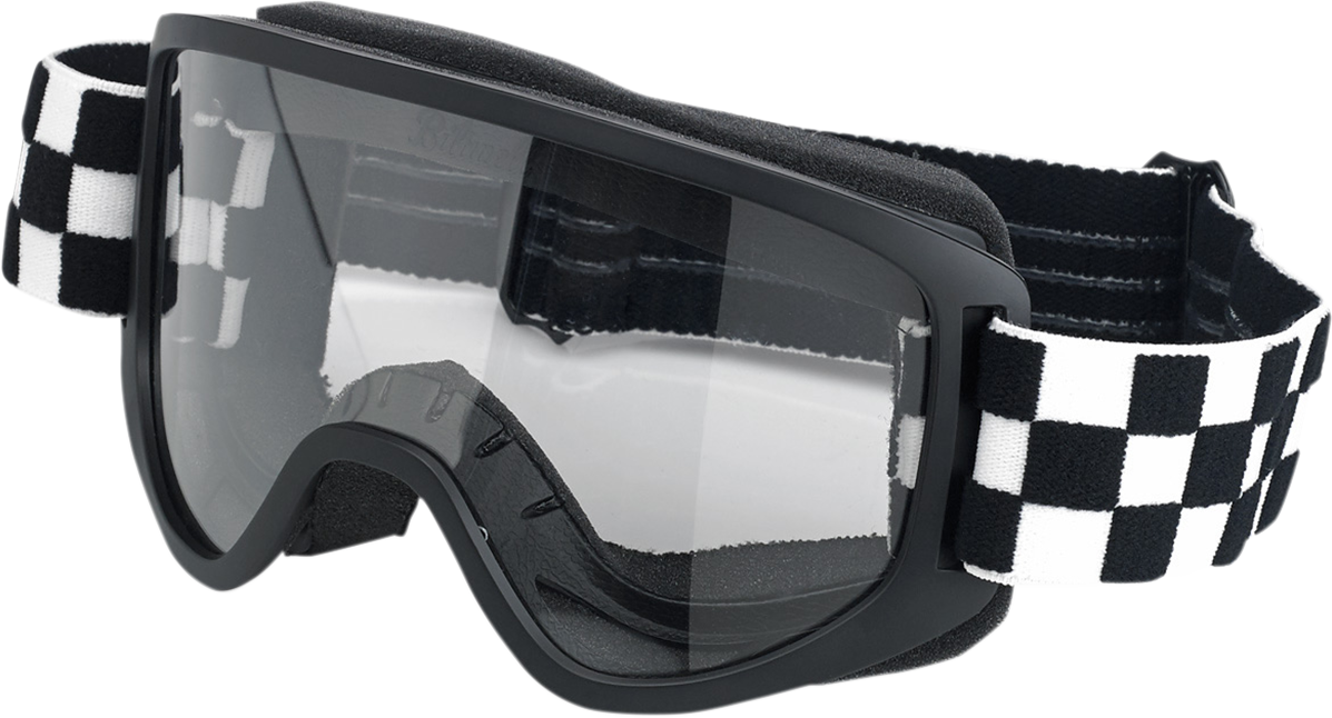 BILTWELL Moto 2.0 Checkers goggles in black with checkered pattern, designed for motorcycle helmet protection and style.