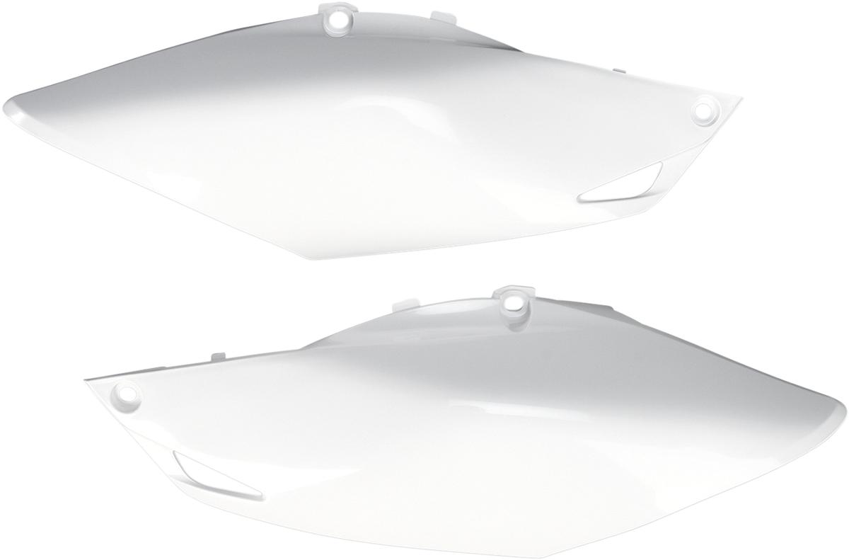 White Acerbis side panels for motorcycle body, featuring sleek design and brand logo, designed for durable fit and style.