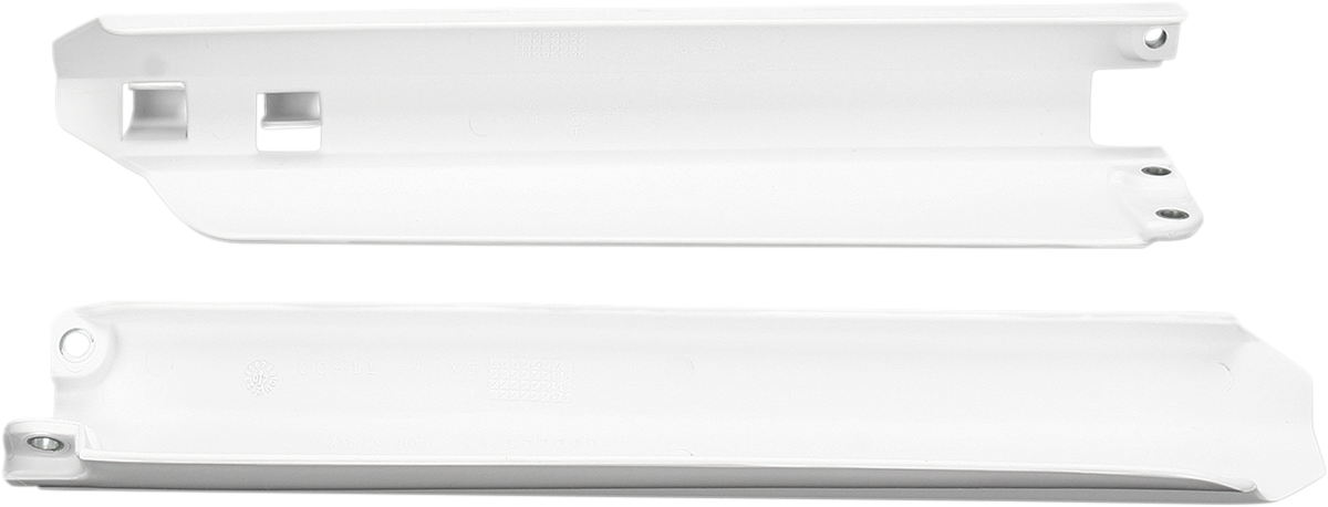 Acerbis white lower fork covers for motorcycle front suspension, designed for protection and style, shown on a bike.