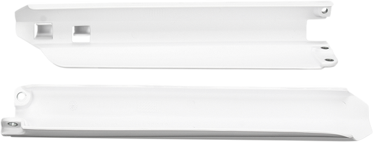 Acerbis white lower fork covers for motorcycle front suspension, designed for protection and style, shown on a bike.