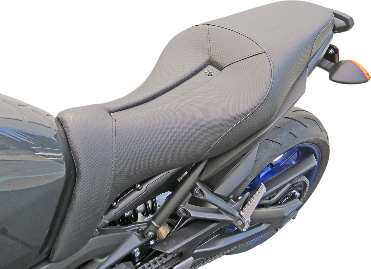 Black SADDLEMEN Gel Channel Track Carbon Fiber Sport Seat for FZ09/MT09 motocycle, featuring lightweight carbon fiber design.