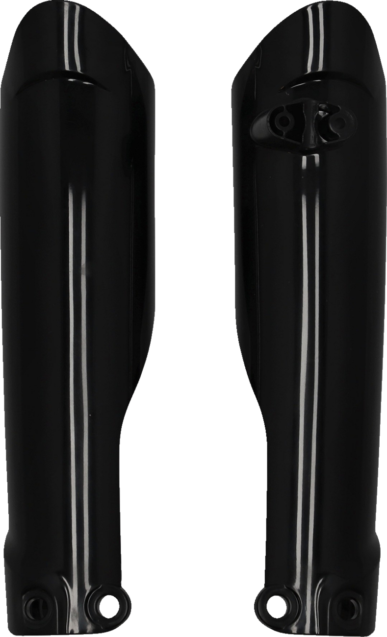 Acerbis black lower fork cover for motorcycle suspension, shown in close-up view with detailed body design.