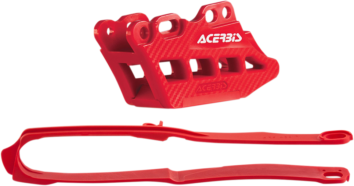 Red Acerbis chain guide and slider kit for Honda CRF250R/450R/RX motorcycle, showing the body components installed on the bike.