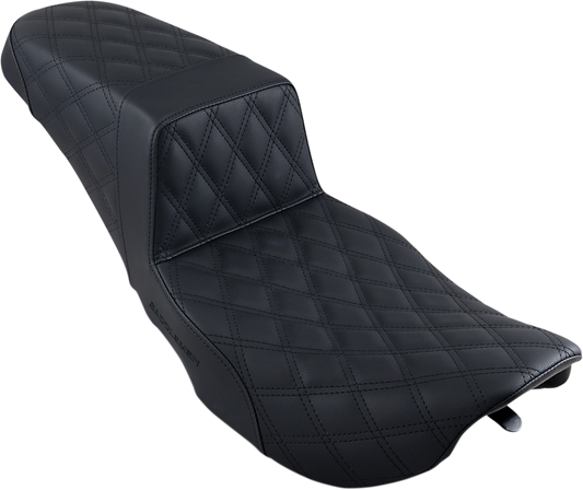 Black SADDLEMEN Step-Up Seat with full lattice stitch for FLHR/FLHX Harley motorcycles, designed for comfort and style.