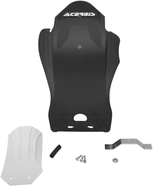 Black ACERBIS skid plate for KX 250/450 motocross bikes, designed to protect the body and frame during riding.