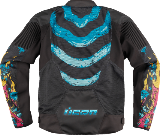 Bill's Exhausts ICON Overlord3 Mesh Munchiesâ„¢ teal jacket in large size, with breathable mesh fabric and stylish design.