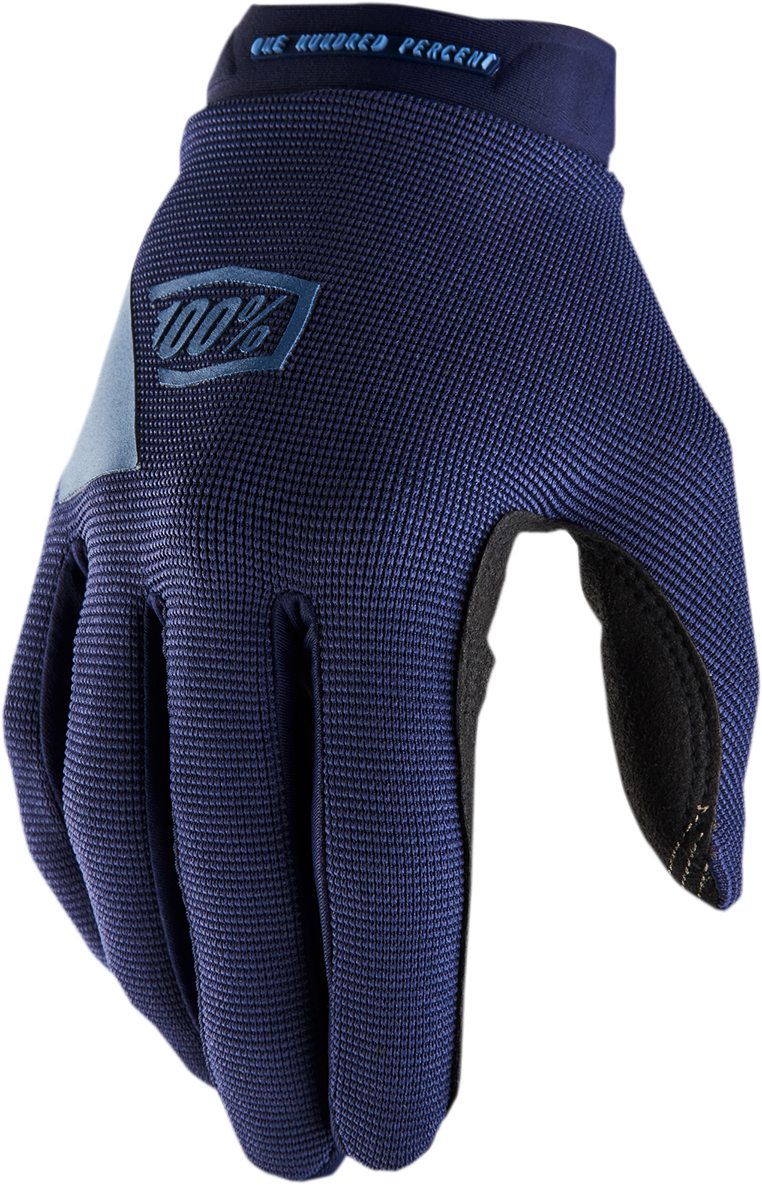 Women's Ridecamp gloves by Bill's Exhausts in navy and slate, size XL, showing close-up of textured fabric and adjustable wrist strap.