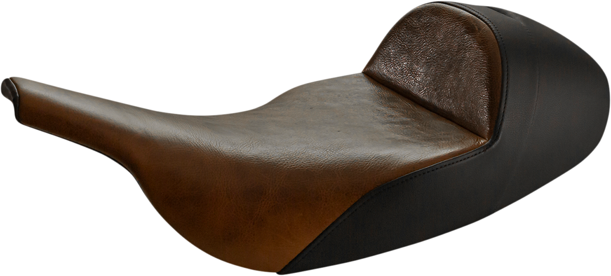 Distressed brown Bill's Exhausts SADDLEMEN Lariat Solo seat for motorcycles, low-profile design with detailed stitching.