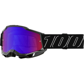 Bill's Exhausts 100% Accuri 2 Goggle in Blackline with Red and Blue Mirror lenses, designed for motocross and off-road riding.