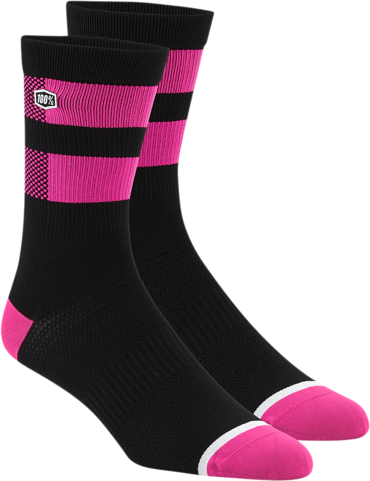 Black and fluorescent pink 100% Flow Socks by Bill's Exhausts, small/medium size, featuring bold color accents and comfortable fit.