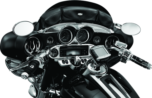 Chrome Kuryakyn Flame Speaker Grills for Harley Davidson Touring models, adding bold style to motorcycle speakers.