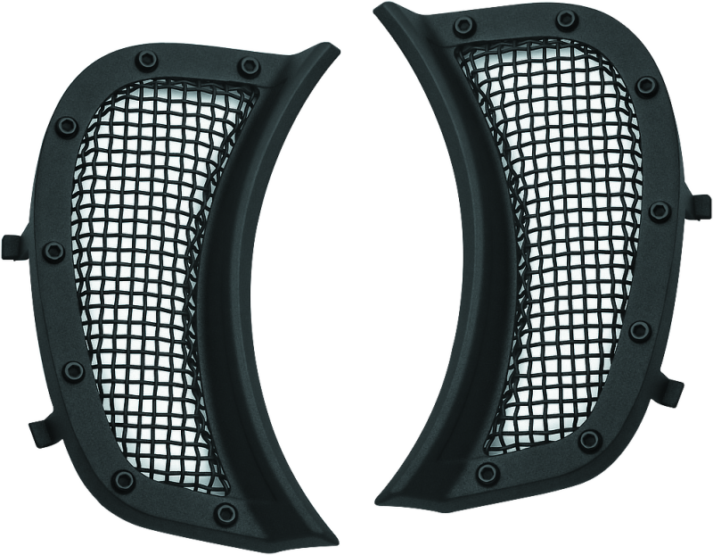 Kuryakyn Mesh Headlight Vent Accents for Harley-Davidson Road Glide models, showcasing chrome finish and mesh design details.