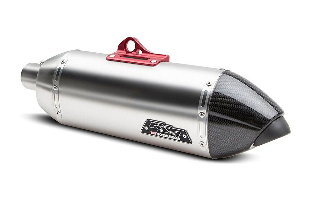 YOSHIMURA RS-4T slip-on exhaust system for motorcycles, showing the sleek silver muffler with YOSHIMURA branding and mounting hardware