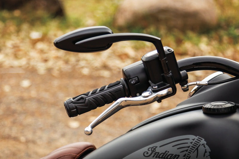 Kuryakyn Teardrop Mirrors in satin black with convex glass, streamlined aluminum design for better rear visibility on motorcycles.