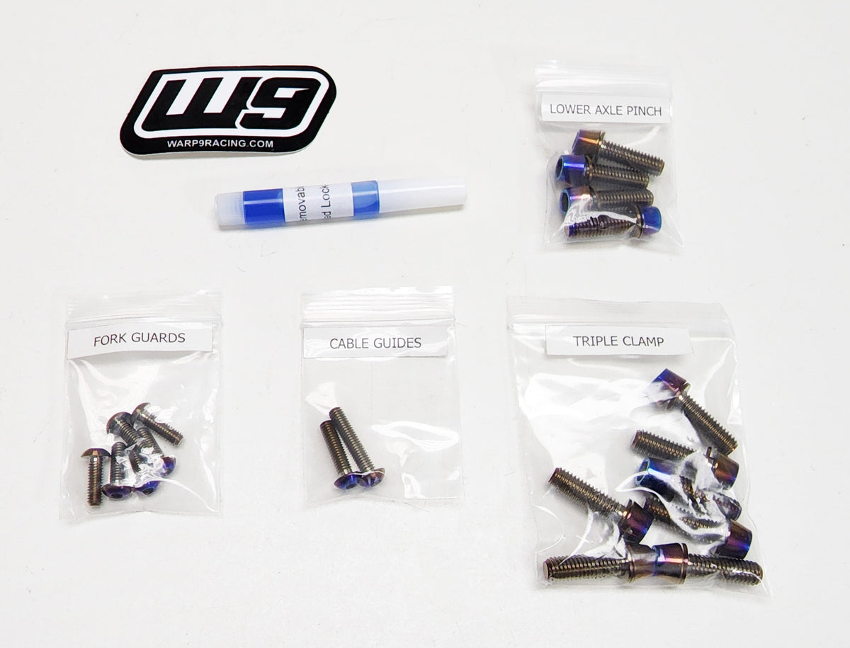 Warp9Racing titanium fork bolts for Surron and Talaria electric bikes, lightweight and durable motorcycle suspension hardware.