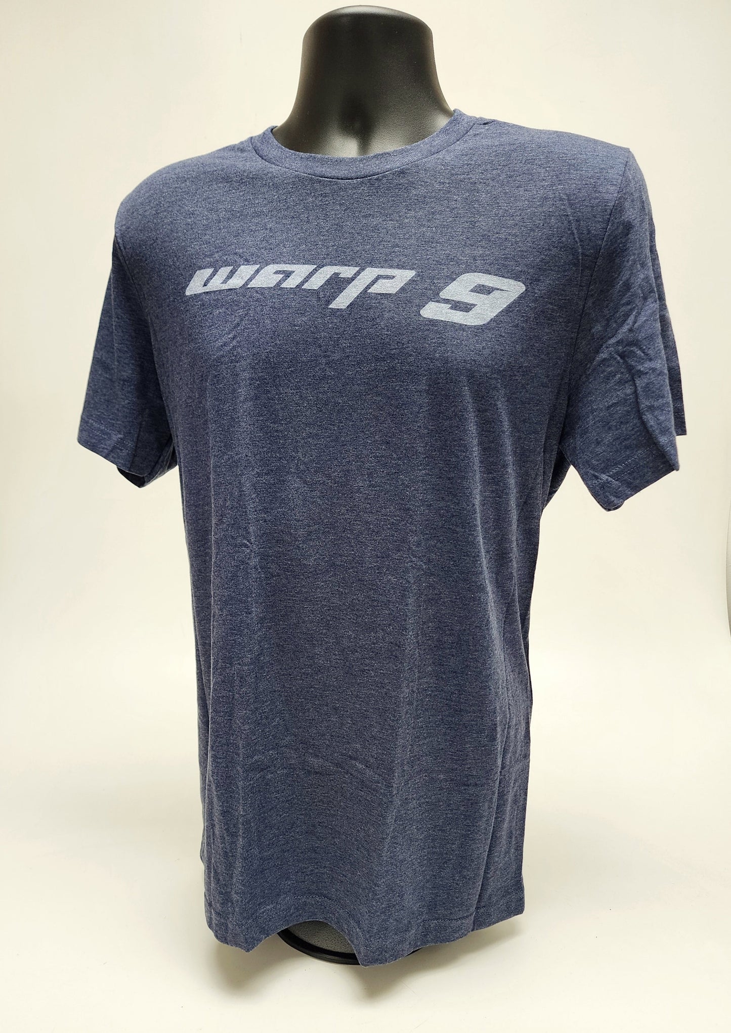 Blue WarpWear T-shirt with Warp9Racing logo, casual apparel, front view showing the design and fabric texture.