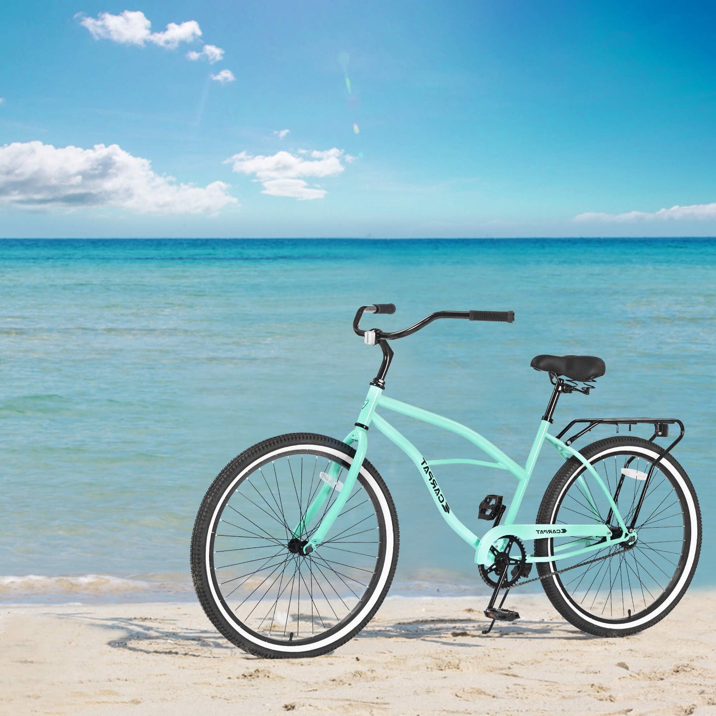 Hycline Ecarpat Roowee 26-inch beach cruiser bicycle with a classic frame and comfortable saddle, ideal for casual riding on sandy paths.