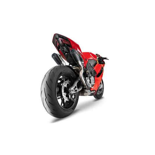 Austin Racing 2025 Ducati Panigale V2 slip-on exhaust system in black, race and DB compliant, with sleek design and connection details.