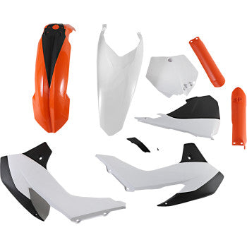 A full replacement body kit for ACERBIS 85 SX 2013-2017 in orange, white, and black, showing the OEM design and color scheme.