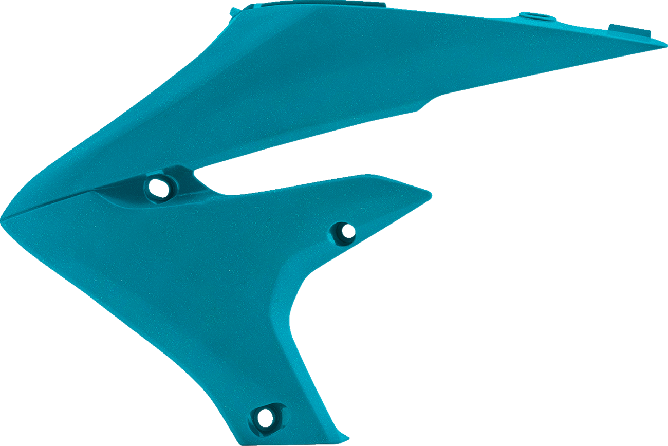 Acerbis teal radiator shrouds for motorcycles, mounted on the body, with detailed design and branding.