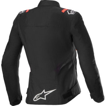Alpinestars Stella T-SPS v2 WP jacket in black, white, and red fluo displayed on a hanger, featuring waterproof motorcycle gear.