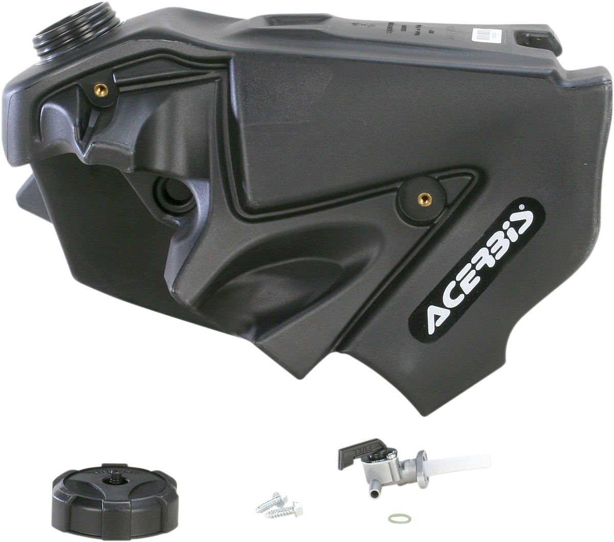 Black ACERBIS Yamaha gas tank, 2.2-gallon capacity, body part for Yamaha motorcycles, displayed from a side view.