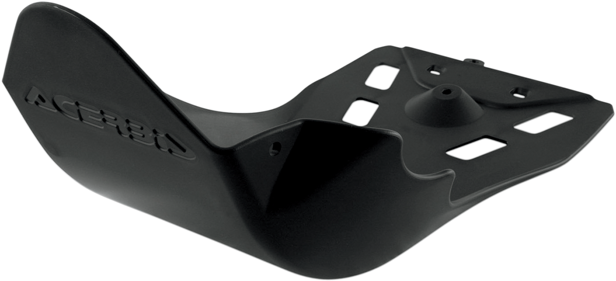 A black ACERBIS skid plate for Kawasaki and Yamaha motorcycles, designed to protect the body underside.
