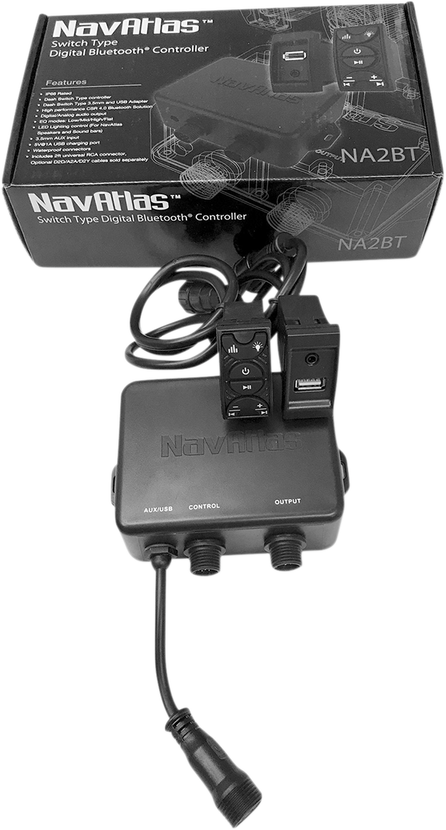 Bill's Exhausts NAVATLAS Bluetooth Controller NA2BT with USB input, shown with sleek speaker design and control buttons.