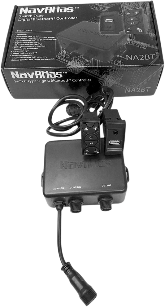 Bill's Exhausts NAVATLAS Bluetooth Controller NA2BT with USB input, shown with sleek speaker design and control buttons.