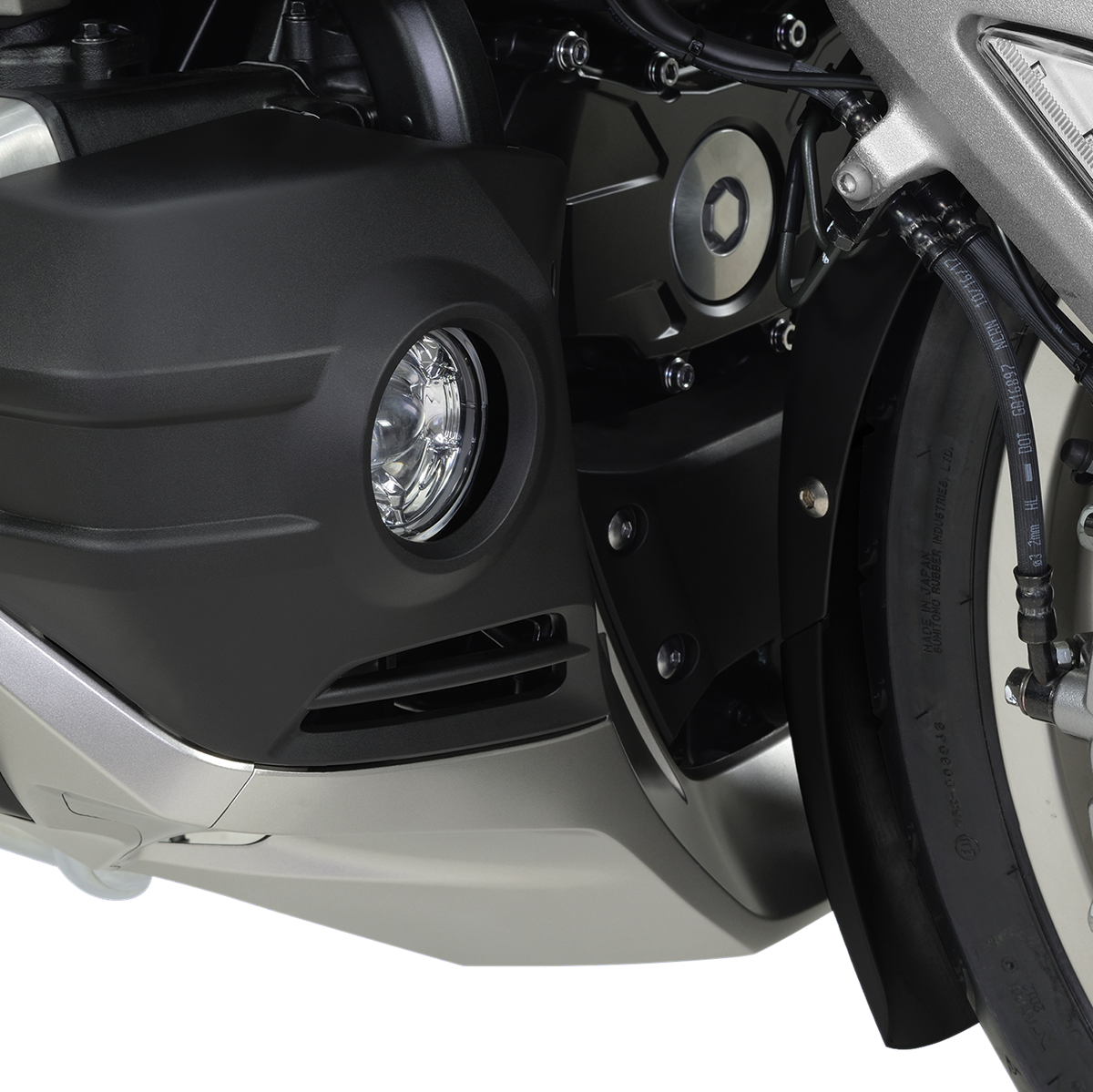 Bill's Exhausts SHOW CHROME fog lights for GL1800 motorcycle, lower engine-mounted fog lights with chrome finish.