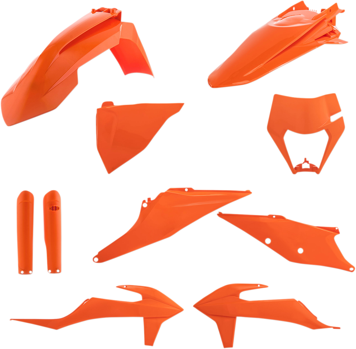 A bright orange Acerbis full replacement body kit for a motorcycle, showing the assembled body panels and design details.