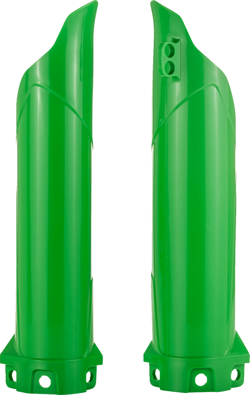 Green Acerbis lower fork cover for Kawasaki KX 85/112, designed for motorcycle fork protection, featuring a durable body.