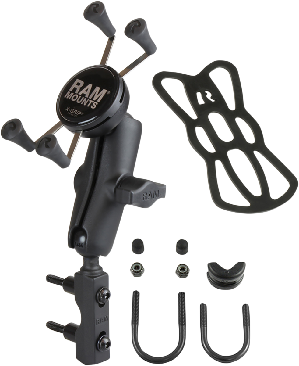Bill's Exhausts RAM Mount Kit with X-Grip handlebar mount for brake or clutch engine components, shown on a motorcycle handlebar.