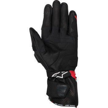 Alpinestars SP-3 motorcycle gloves in black, bright red, and white with padded knuckles and adjustable wrist strap.