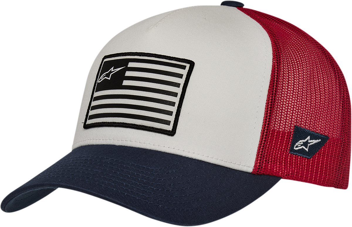 Alpinestars flag snapback hat in white, navy, and red with embroidered logo, adjustable brim and classic baseball cap style.