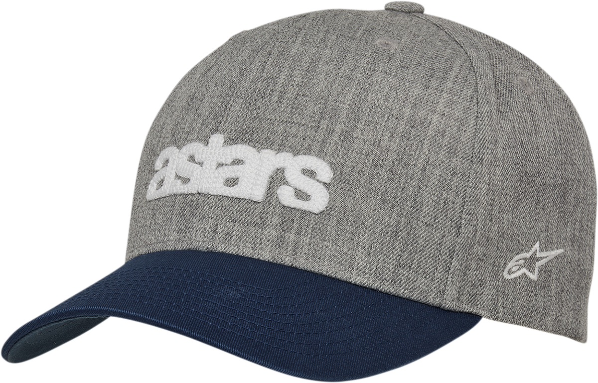 Alpinestars History Hat in gray and navy with curved bill and embroidered details, one size fits all, casual streetwear style.