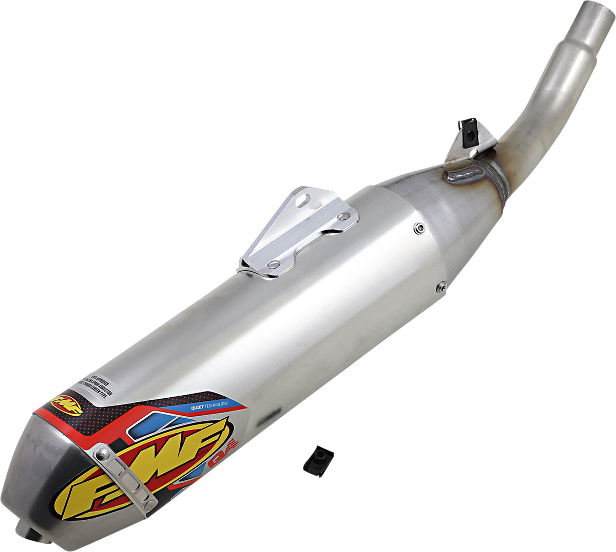 FMF Q4 muffler off-road performance exhaust with spark arrestor, showing the black and silver design and mounting features.