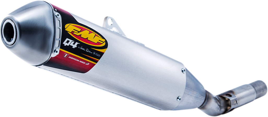 FMF Q4 Hex Slip-On Muffler for off-road vehicles, showcasing the sleek black exhaust with branding and durable construction.