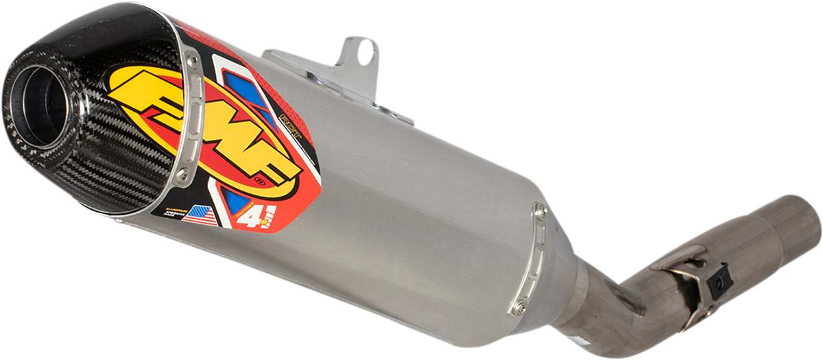 FMF Factory 4.1 Muffler lightweight performance exhaust with polished finish, designed for optimal power and enhanced motorcycle performance.
