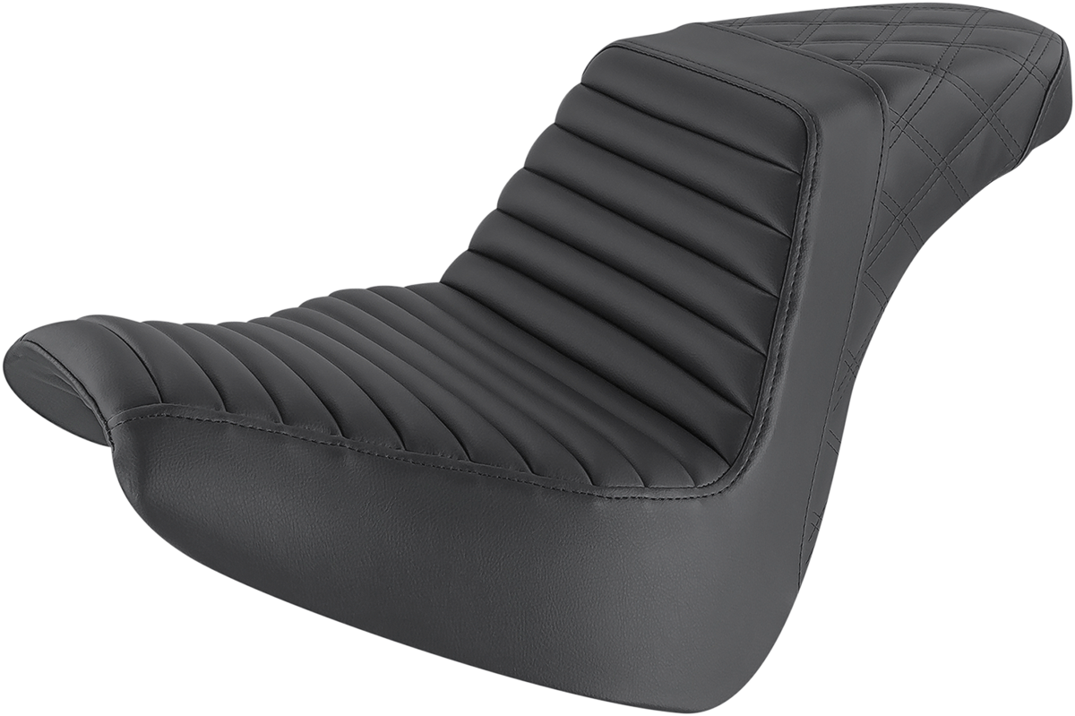 Black Saddlemens Step-Up Seat with front tuck-n-roll and rear lattice stitch for motorcycles, designed by Bill's Exhausts.