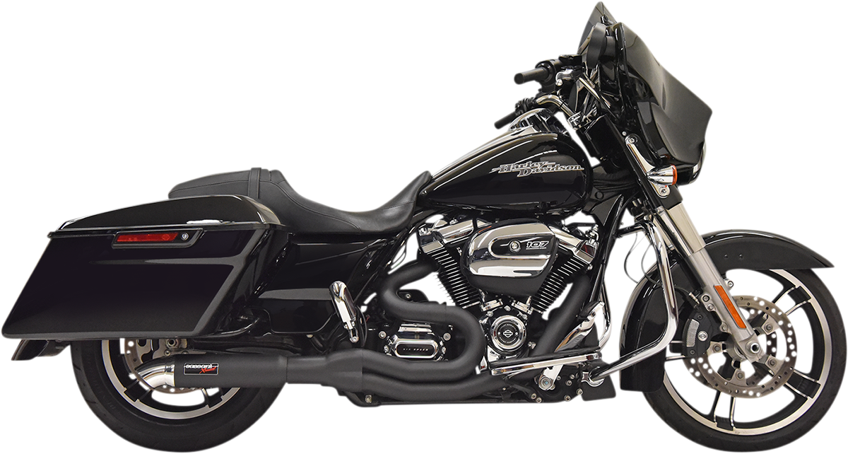 BASSANI XHAUST 1F88B 2:1 exhaust system with black finish and removable baffle, displayed on a motorcycle.