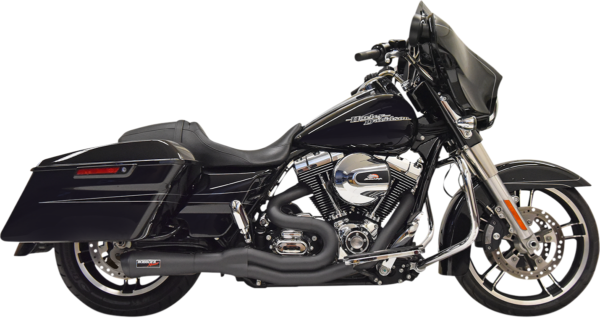 BASSANI XHAUST Road Rage II 2-Into-1 mid-length black motorcycle exhaust system with sleek design and polished finish.