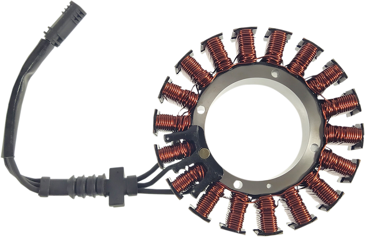Drag Specialties stator for 2008-2017 Harley FX/FL models, motorcycle electrical component with detailed wiring and metal casing.