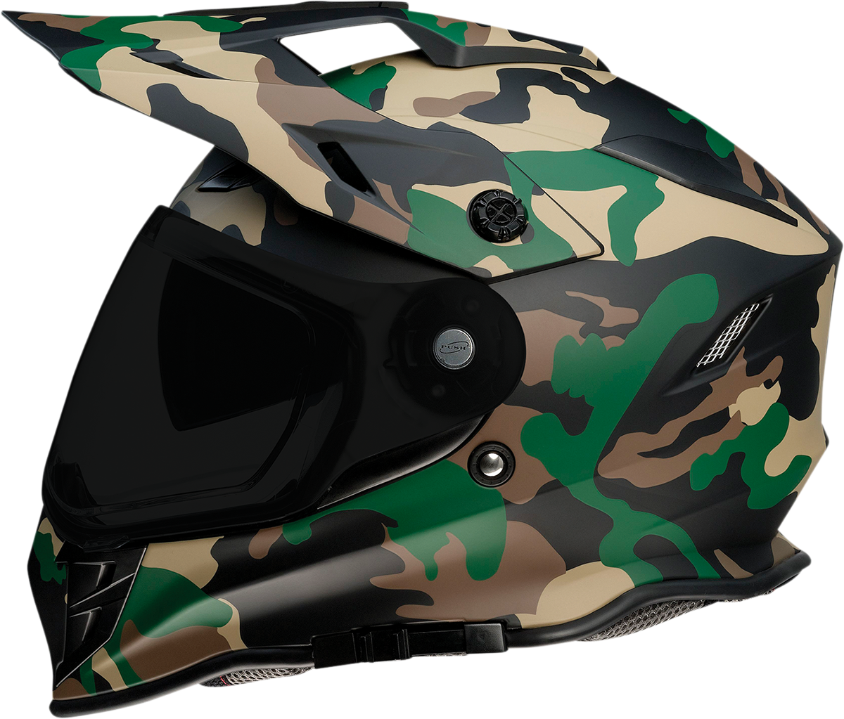 Z1R Range helmet in woodland camo, large size, with a sturdy, full-face design and adjustable straps.